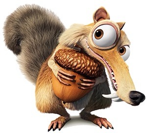 A cartoon squirrel with wide, startled eyes and a large bushy tail clutches a giant acorn tightly against its chest. The…