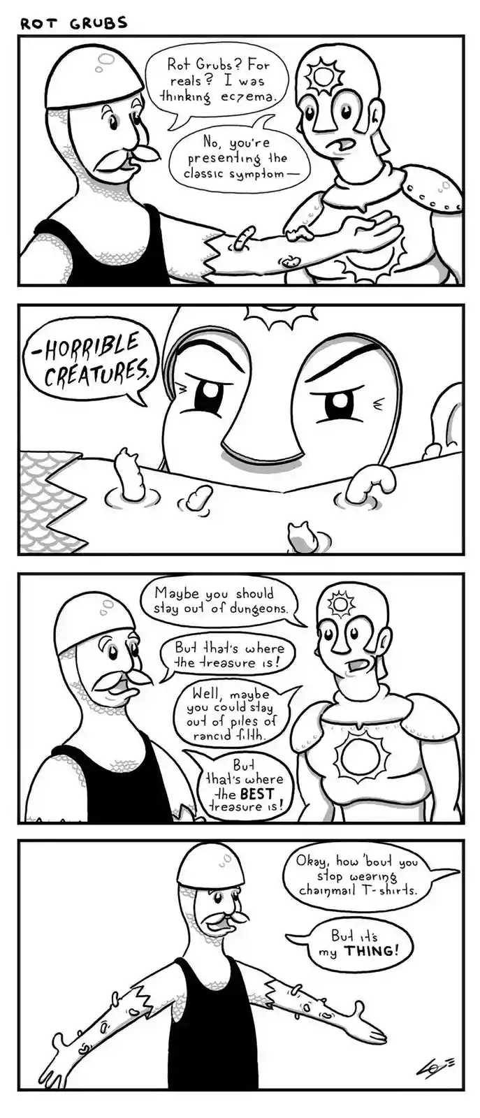 A four-panel black-and-white comic strip titled 'ROT GRUBS' depicts a dialogue between two characters. One character, with a…