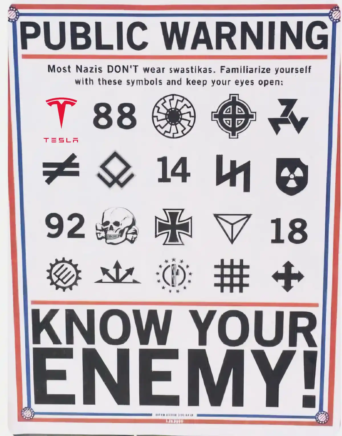 A public warning sign template displays a list of symbols including the Tesla logo, numbers like 88 and 14, and various…