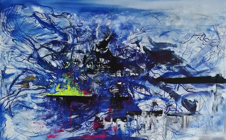 An abstract painting dominated by swirling blue and white brushstrokes, with a small patch of bright green and red paint…