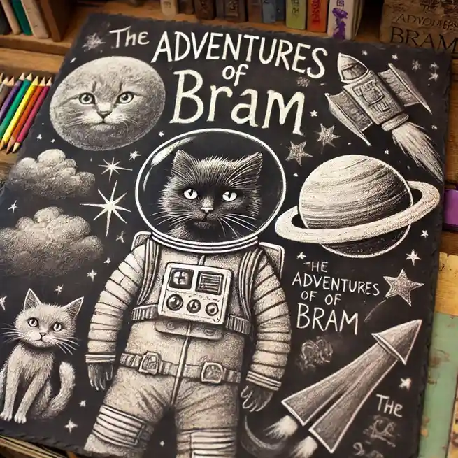 A chalk drawing on a slate board depicts a black cat in a detailed astronaut suit as the central figure, with the title 'The…