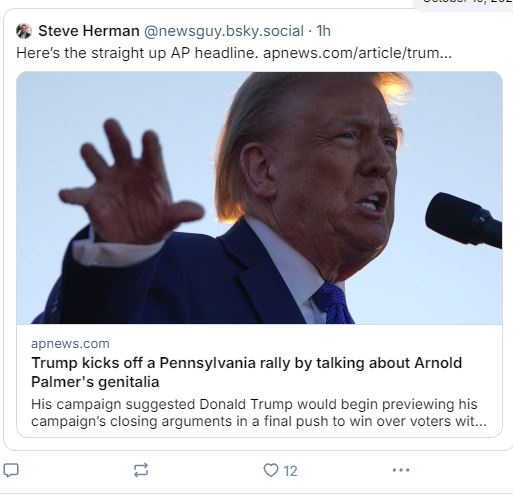 A screenshot of a tweet by Steve Herman showing a photo of Donald Trump gesturing while speaking into a microphone. The…