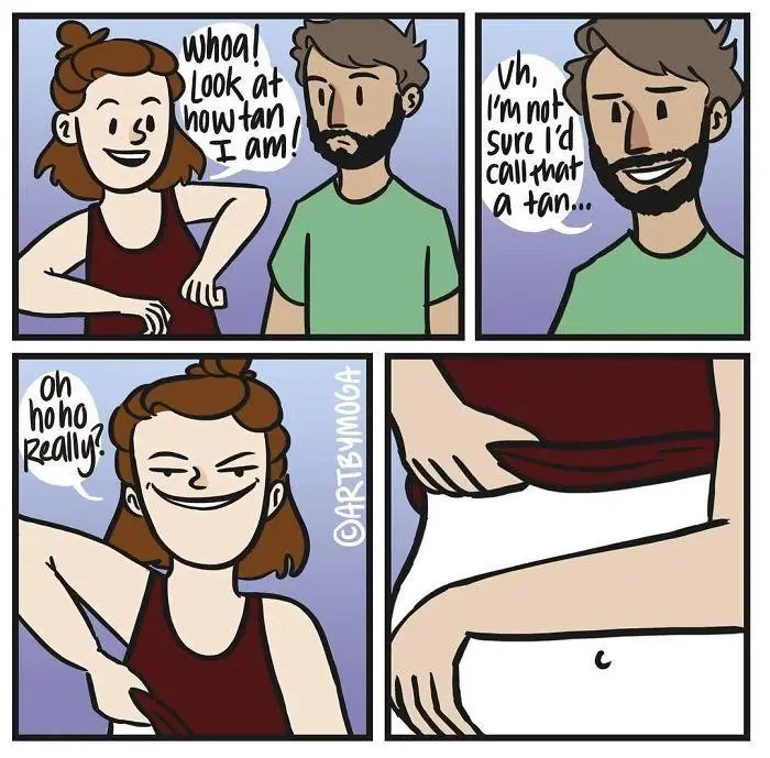 A four-panel comic shows a woman proudly showing off her arms, claiming she's 'tan'. The man beside her doubts it. She…