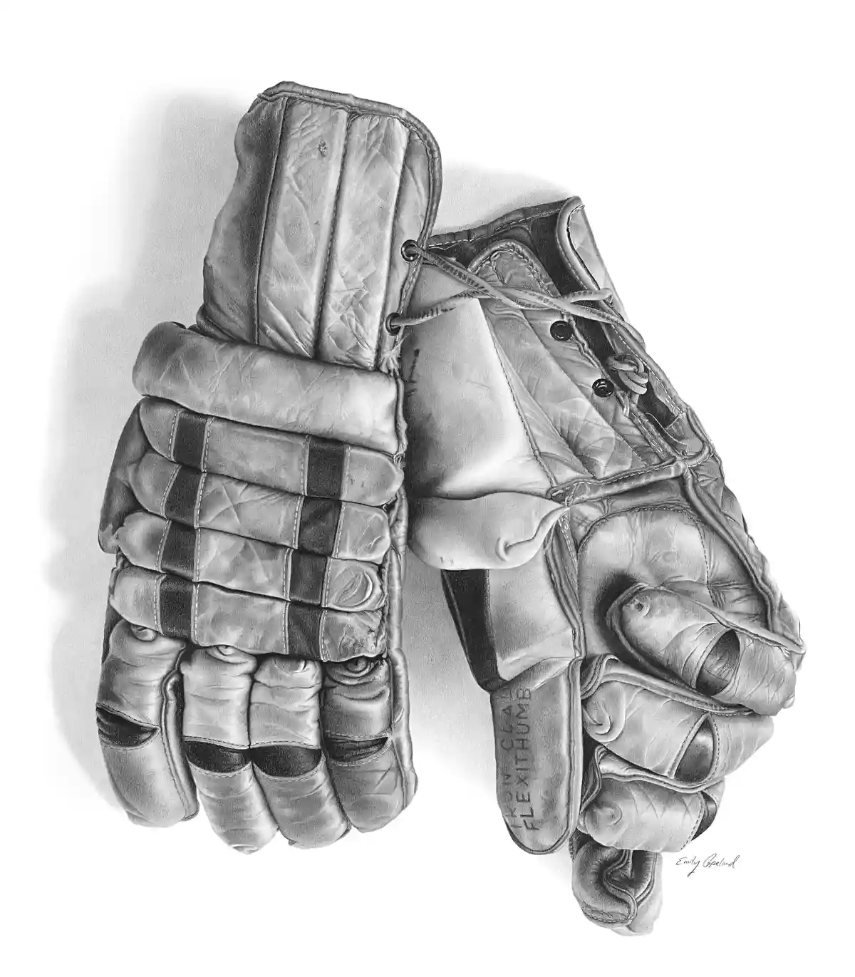 A detailed black-and-white pencil drawing of a pair of worn, vintage-style hockey gloves, one showing the 'FLEXITHUMB' brand…