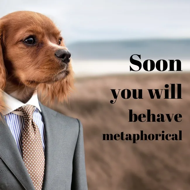 A brown dog with long floppy ears is dressed in a gray suit, white collared shirt, and a brown polka-dot tie, standing on a…