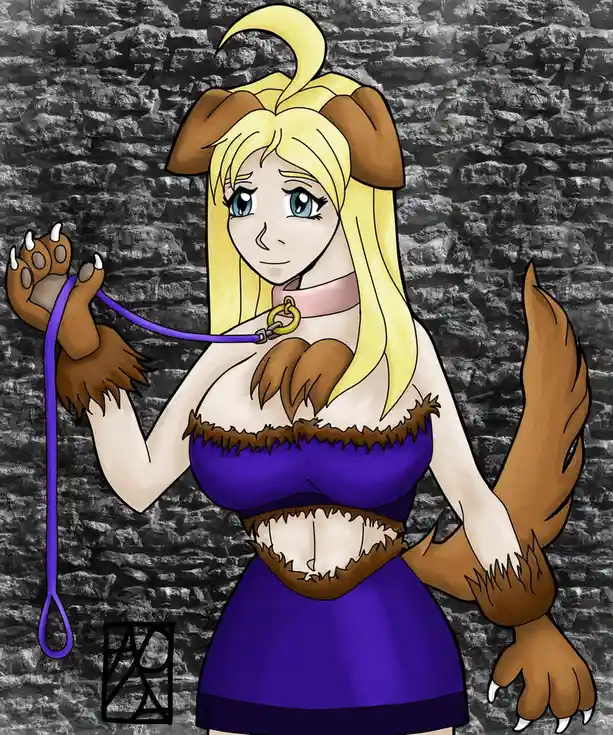 A cartoon woman with blonde hair, dog ears, a dog tail, and paw-like hands and feet is holding a purple leash attached to a…