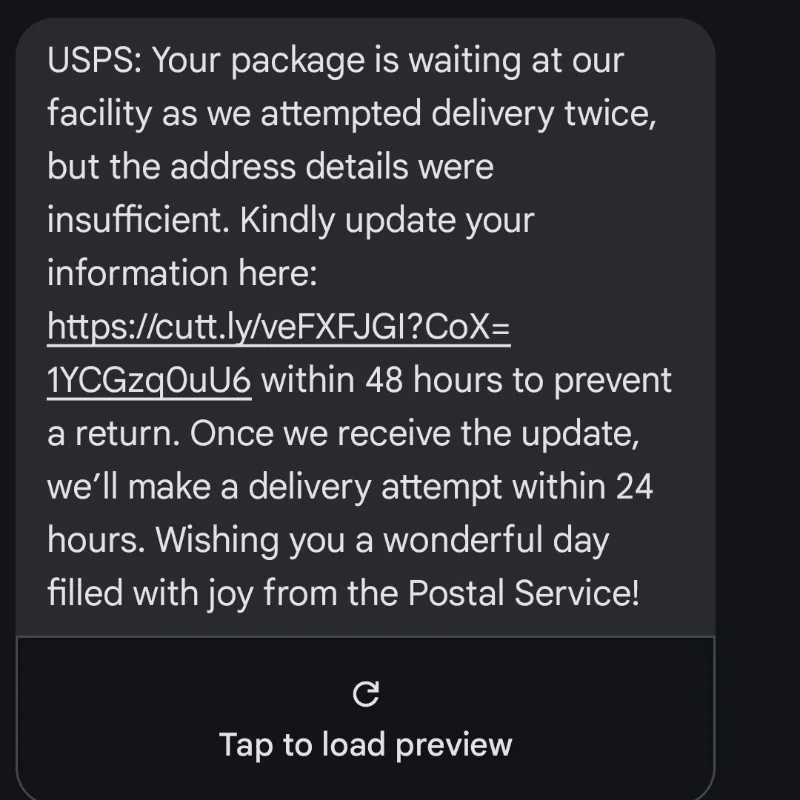 A screenshot of a dark-themed USPS notification message on a mobile device, informing the recipient that their package is…