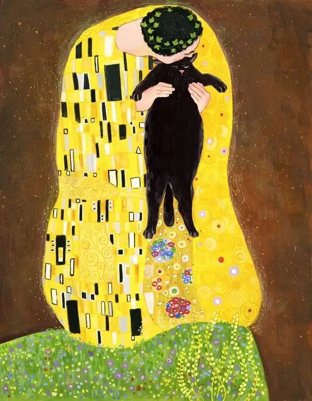 a modified version of gustav klimt's 'the kiss' painting, where the female figure is replaced by a black cat wearing a green…