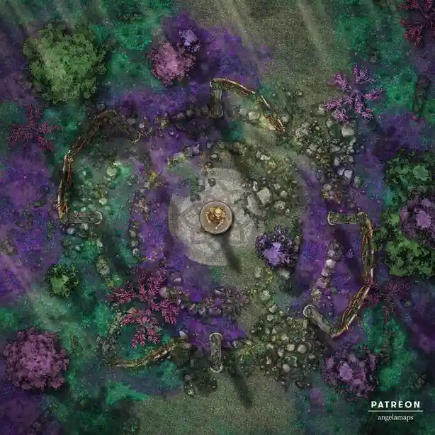 An overhead fantasy map depicts a circular stone courtyard with a central statue, surrounded by overgrown ruins, purple and…