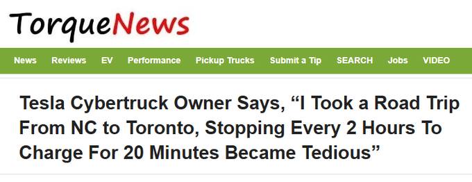 The image shows a screenshot of a TorqueNews webpage with a headline about a Tesla Cybertruck owner's road trip from North…