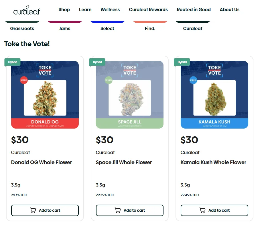 A screenshot of a Curaleaf cannabis product page showing three $30 whole flower strains: Donald OG, Space Jill, and Kamala…