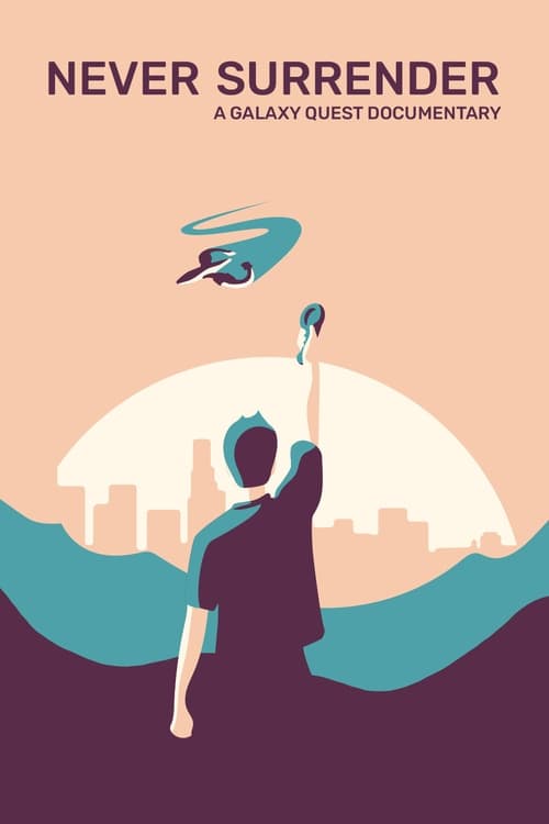 A stylized poster shows a person from behind, raising a glowing object toward a swirling spaceship above a city skyline. The…