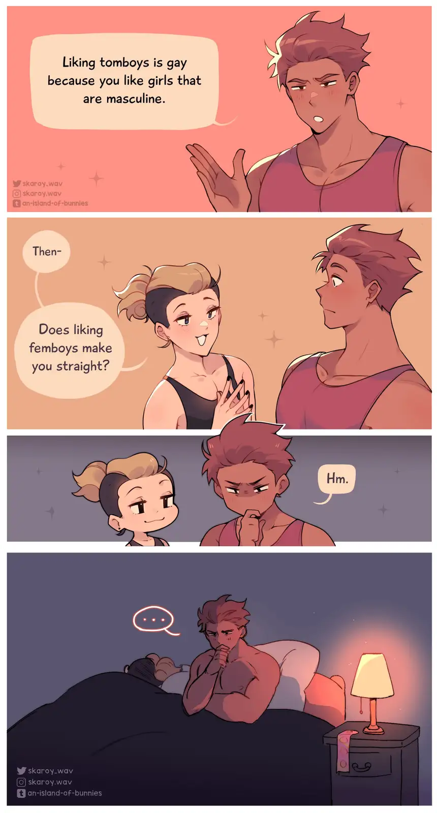 A four-panel comic shows a man claiming liking tomboys is gay because they're masculine, then a woman counters by asking if…