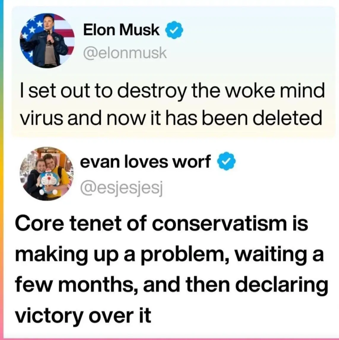 The image displays two Twitter posts. The top post is from Elon Musk, who says, 'I set out to destroy the woke mind virus…