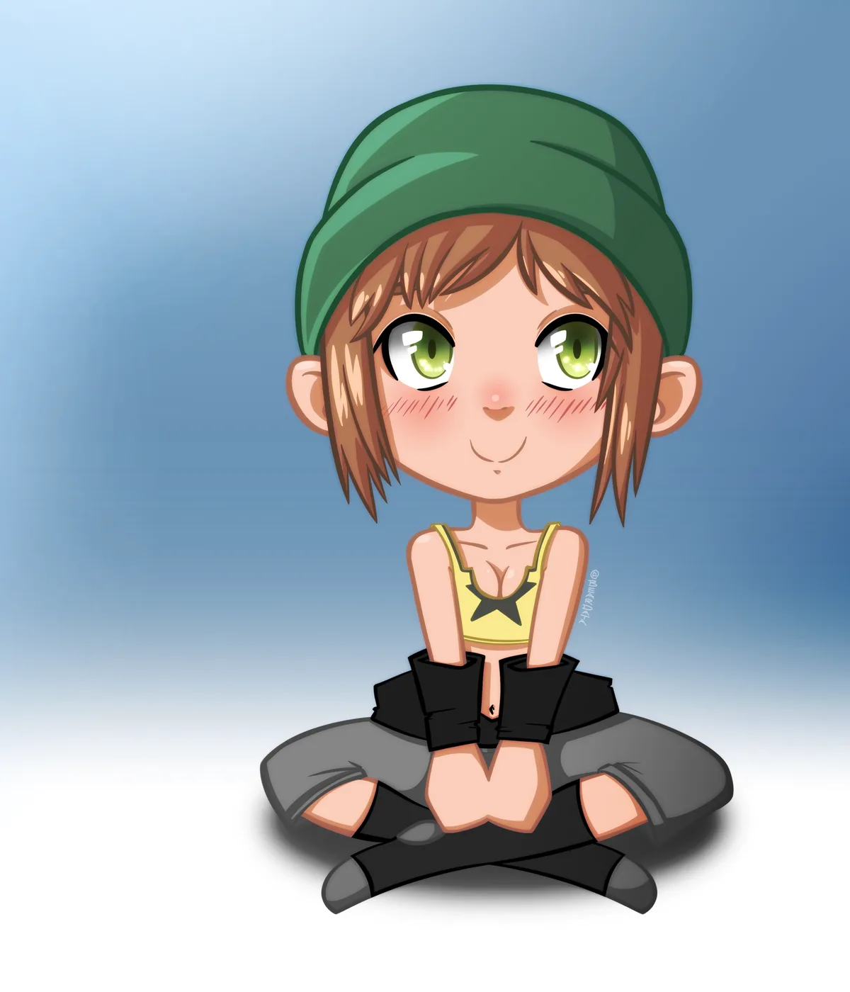 A chibi-style cartoon girl with brown hair, green eyes, and a green beanie sits cross-legged on the floor. She wears a…