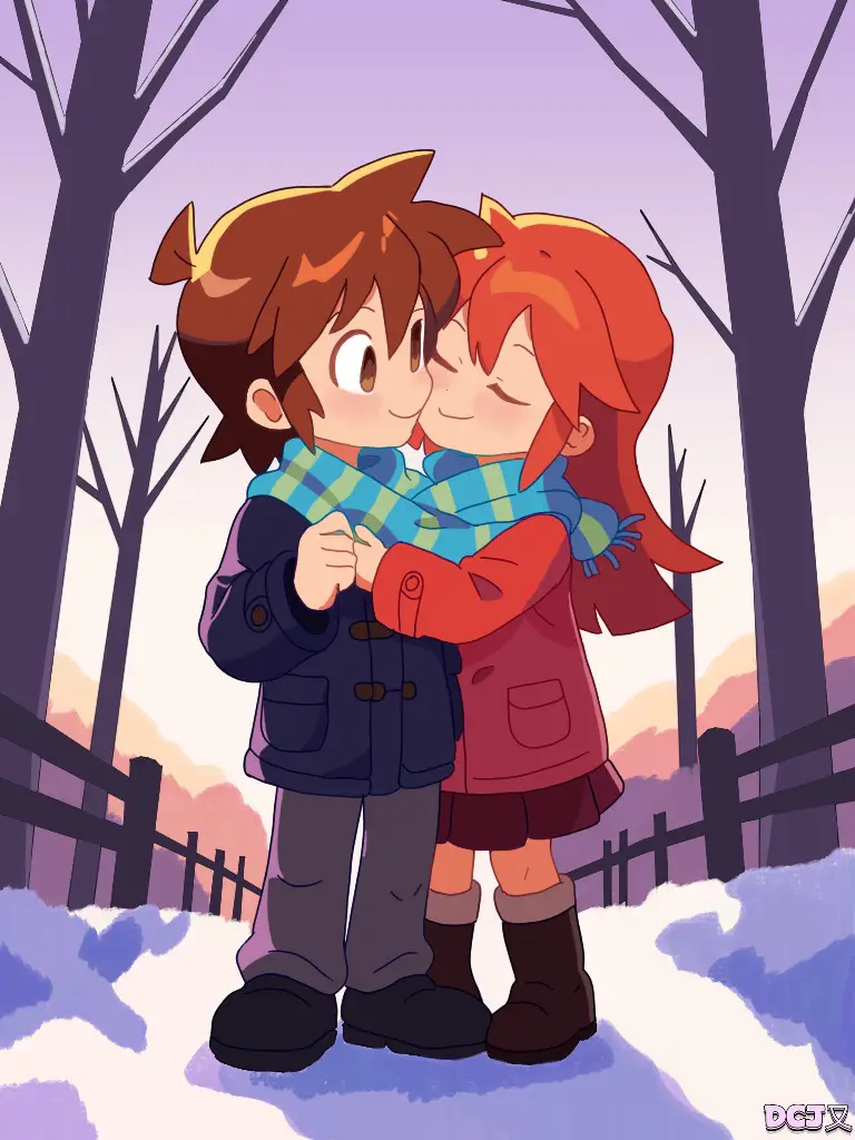 Two anime-style characters, a boy with brown hair and a girl with red hair, are hugging closely in a snowy forest with bare…