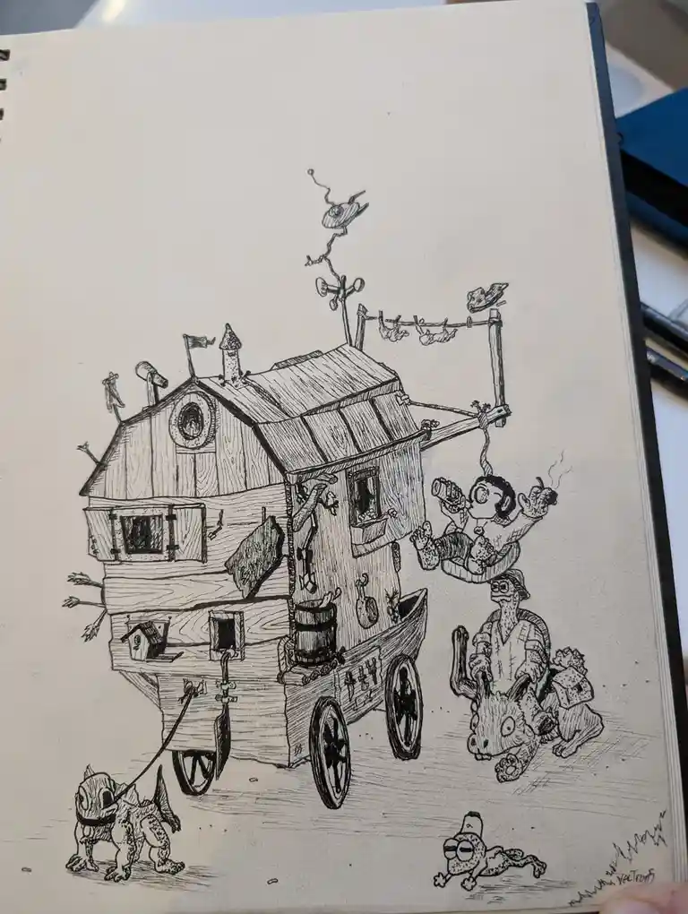 A black-and-white sketch depicts a whimsical, cluttered wooden house on wheels, resembling a mobile home or caravan. Various…