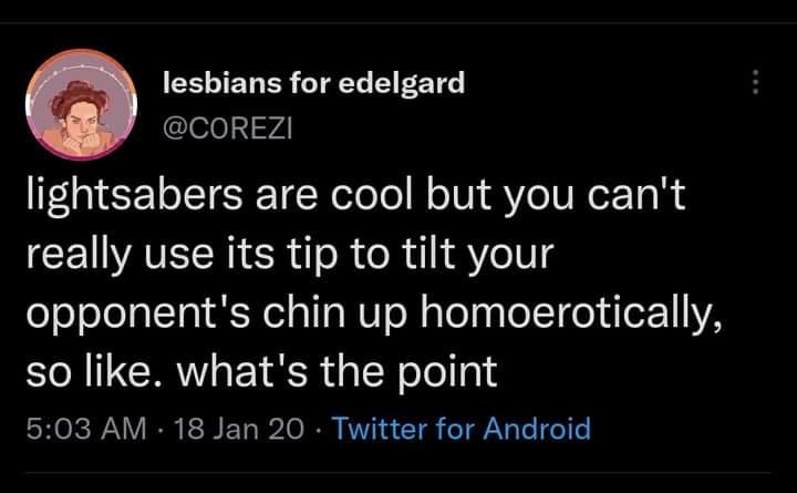 A screenshot of a tweet from the account 'lesbians for edelgard' (@COREZI) posted on January 18, 2020, at 5:03 AM via…