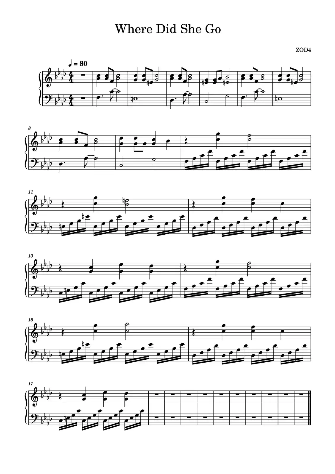 The image displays a sheet of piano music titled 'Where Did She Go' with musical notation, clefs, notes, and bar lines. The…