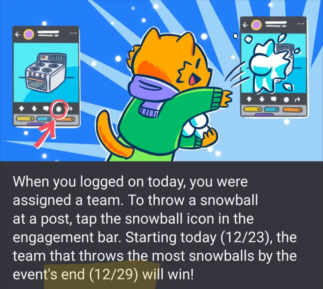 An orange cartoon cat wearing a green sweater and purple scarf is energetically throwing a snowball from a smartphone screen…