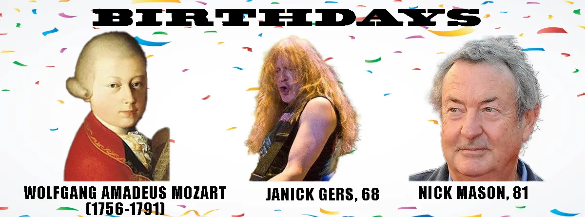 A celebratory image with confetti background and the word 'BIRTHDAYS' at the top, featuring three portraits: a young…