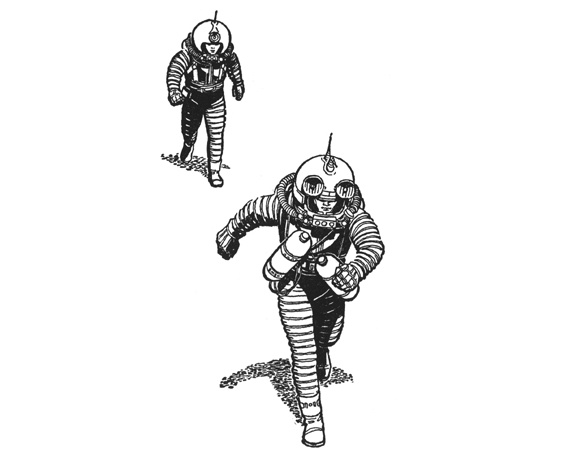 A black-and-white illustration shows two figures in vintage-style spacesuits, one in the foreground and one behind. The…