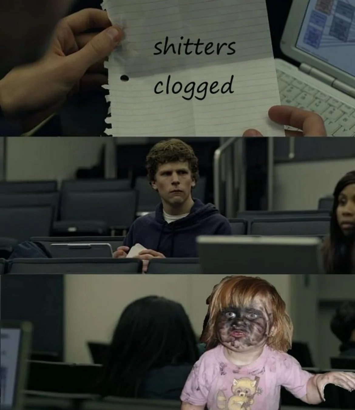 The image is a three-panel meme. The top panel shows a hand holding a torn piece of lined paper with the handwritten text…
