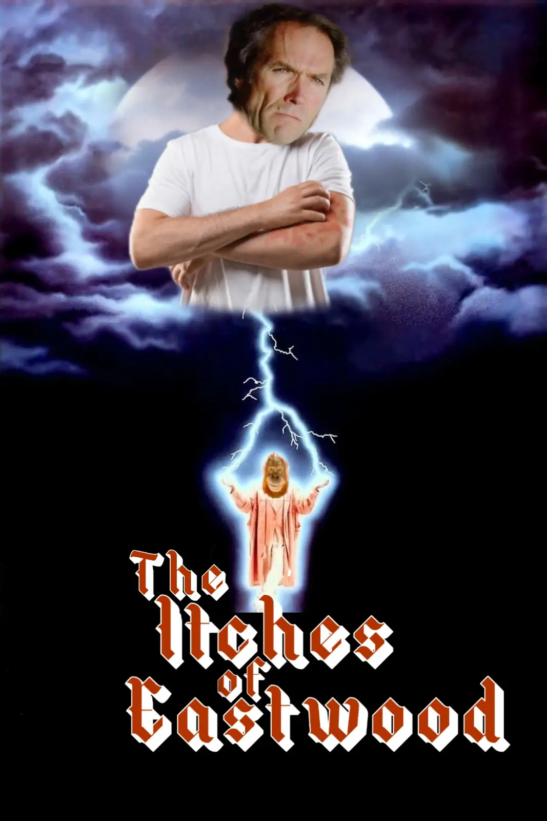 A man with a stern expression and red marks on his arms stands against a stormy sky with lightning, above a glowing figure…