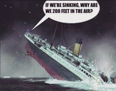 A vintage-style illustration of the Titanic sinking, tilted at a steep angle in dark water under a starry sky. A speech…