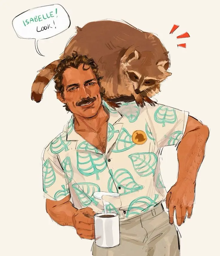 A man with a mustache and leaf-patterned shirt holds a coffee mug while a raccoon sits on his shoulders. A speech bubble…