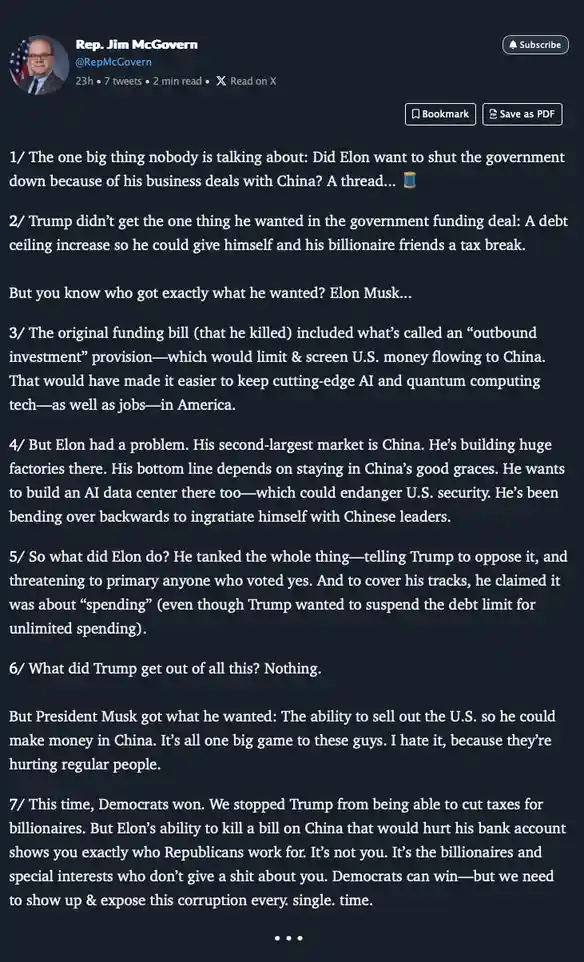 A screenshot of Rep. Jim McGovern's X (Twitter) thread, which critiques Elon Musk and Donald Trump for prioritizing…