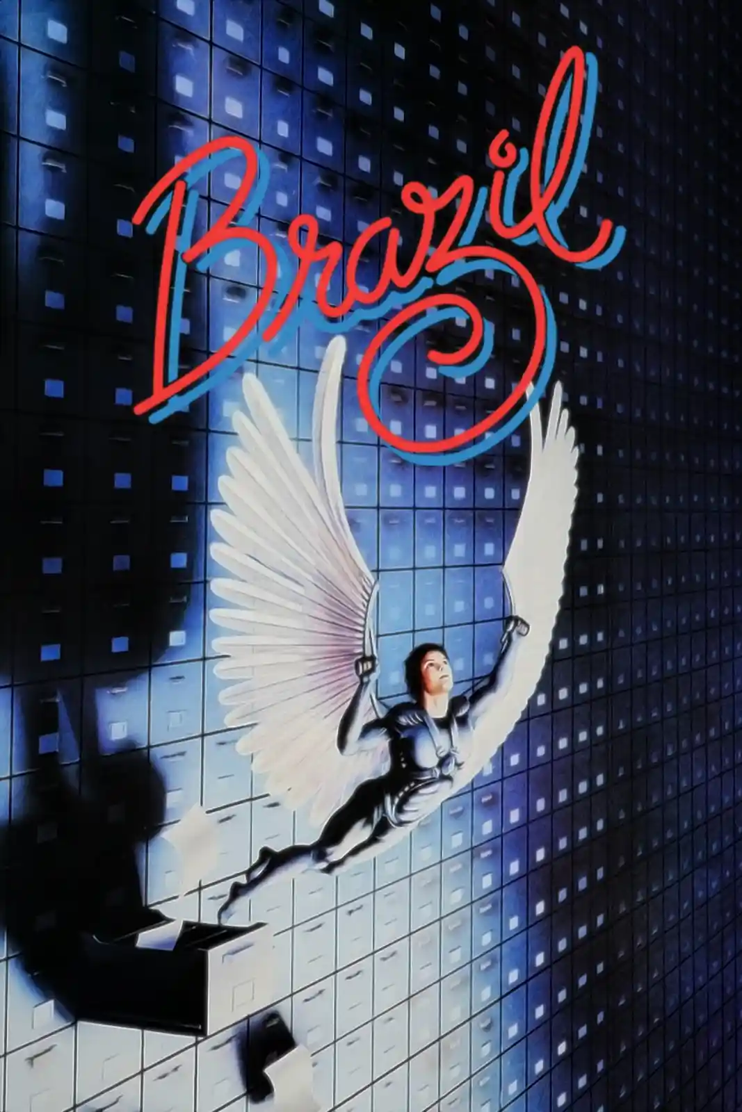 The image is the movie poster for 'Brazil,' featuring a man with large white wings flying upward through a wall of filing…