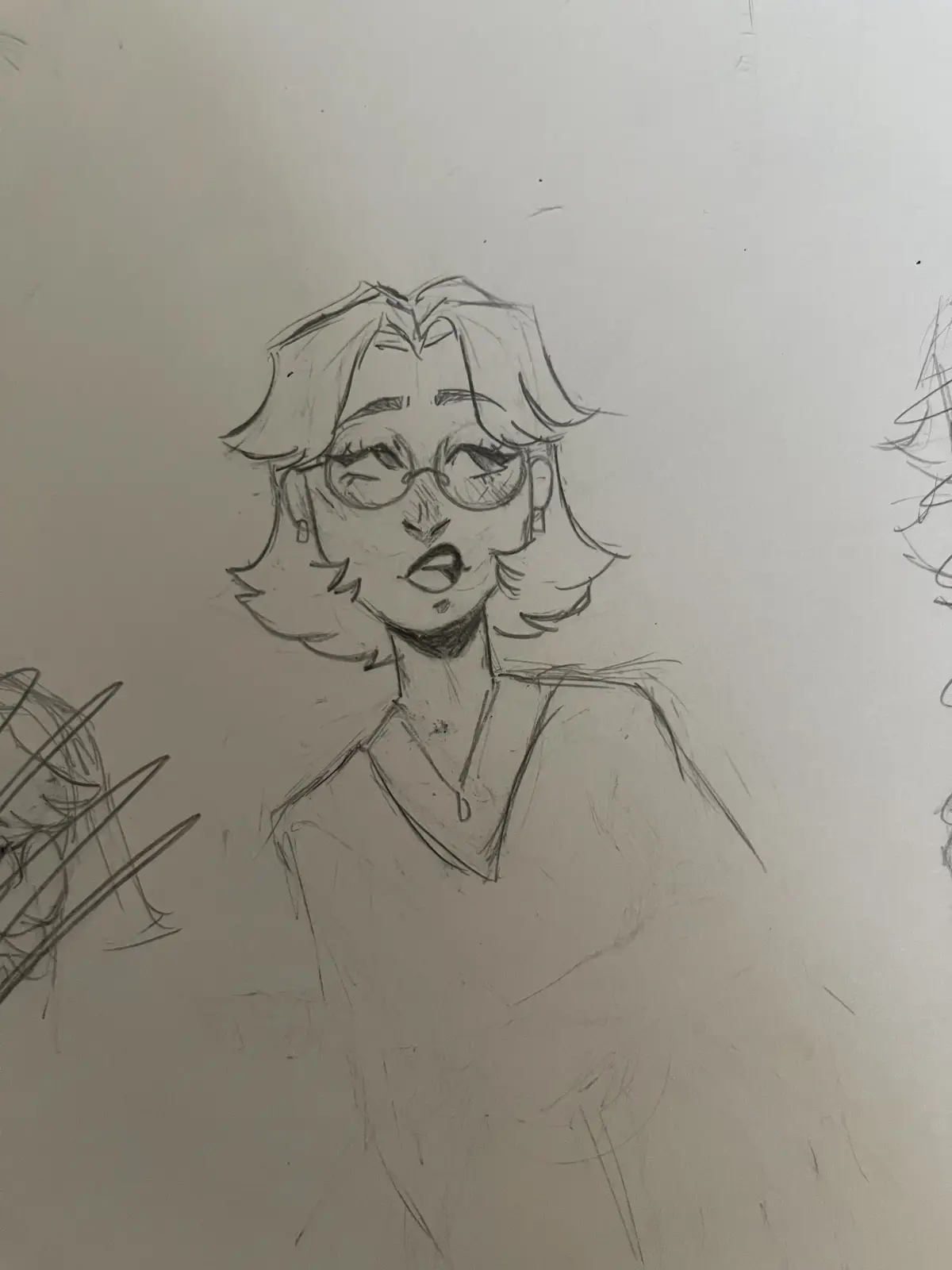 A rough pencil sketch of an anime-style character with glasses, short hair, and a slightly open mouth, conveying a look of…