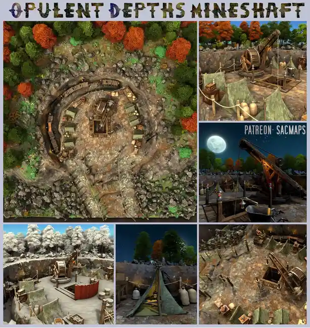 A collage of six images showcasing a fantasy mine with a top-down map view and various ground-level perspectives. The mine…