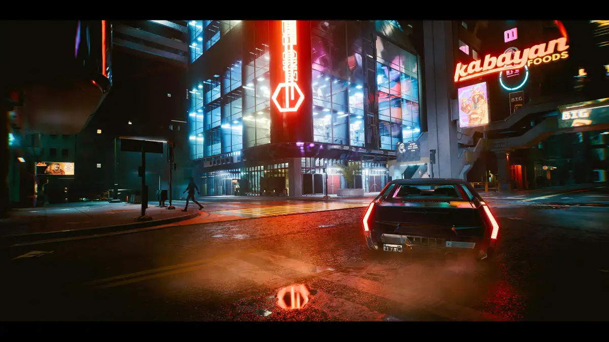 A cyberpunk city street at night with neon signs, a futuristic car, and a lone pedestrian. A large red neon sign with a…