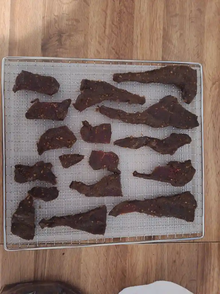 An overhead shot shows numerous irregularly shaped, dark brown beef jerky strips scattered across a metal wire rack, which…