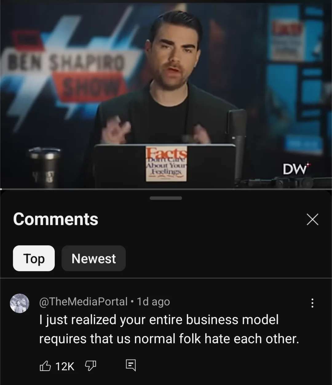 A screenshot of Ben Shapiro on his show, with a laptop displaying 'Facts Don't Care About Your Feelings', overlaid with a…