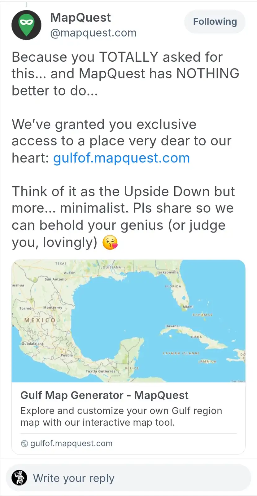 A screenshot of a MapQuest Twitter post featuring a map of the Gulf of Mexico region, with overlaid text humorously…