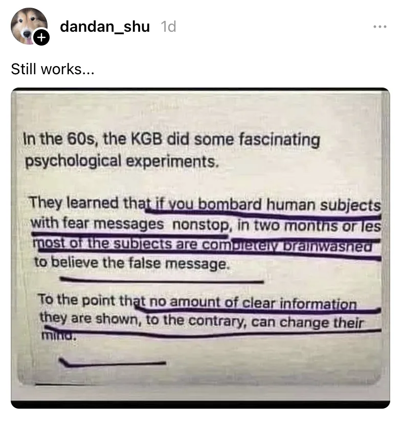 An image of a typed document with text about KGB psychological experiments, where key phrases like 'bombard human subjects…