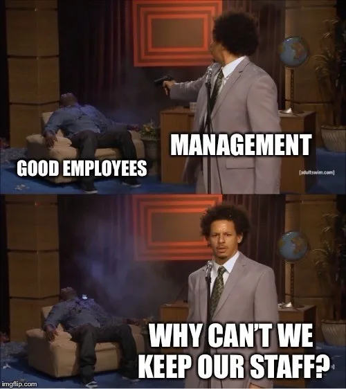 A two-panel meme featuring a man in a suit pointing a gun at another man slumped on a couch. The top panel labels the man…