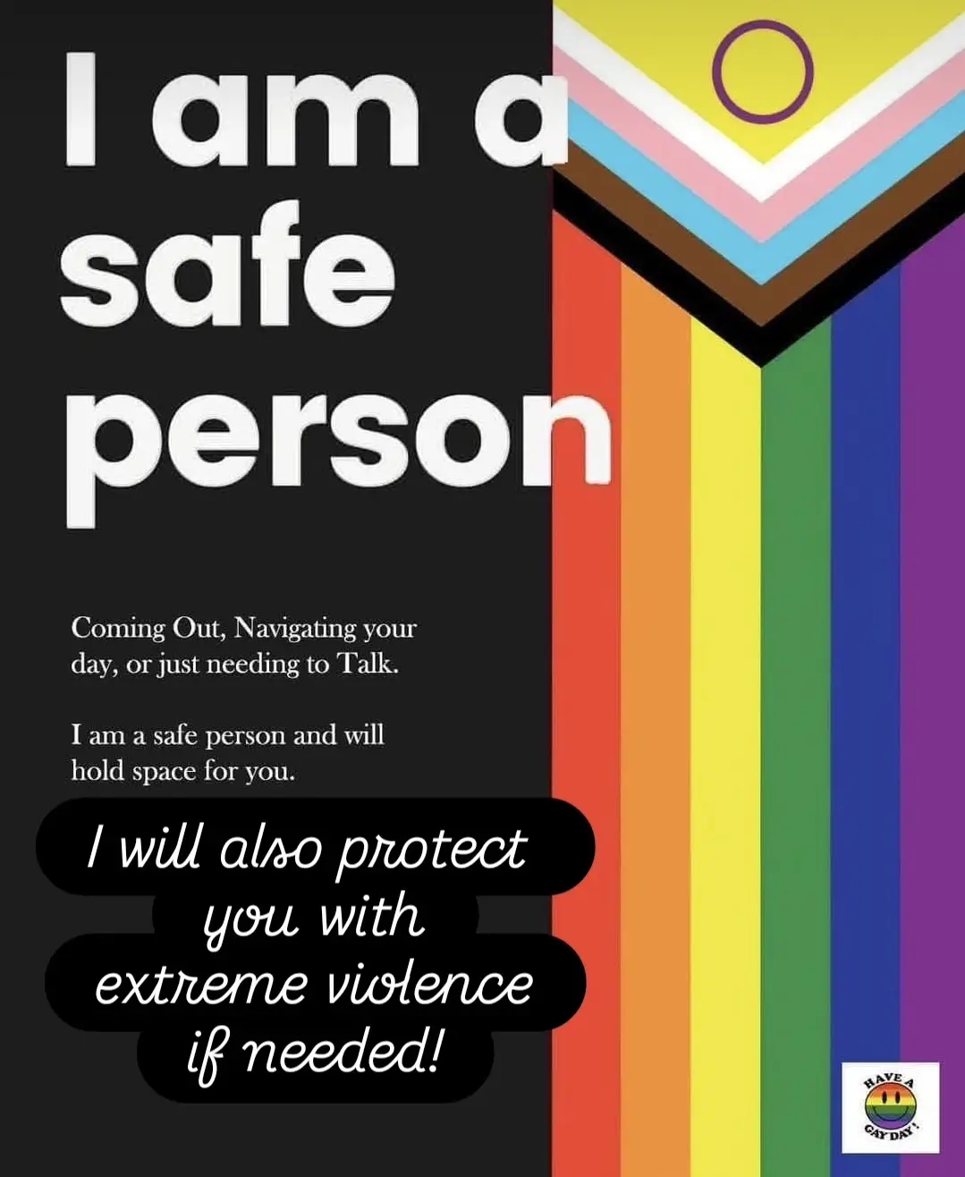 A poster with a black background and rainbow stripes on the right side, featuring the text 'I am a safe person' in large…
