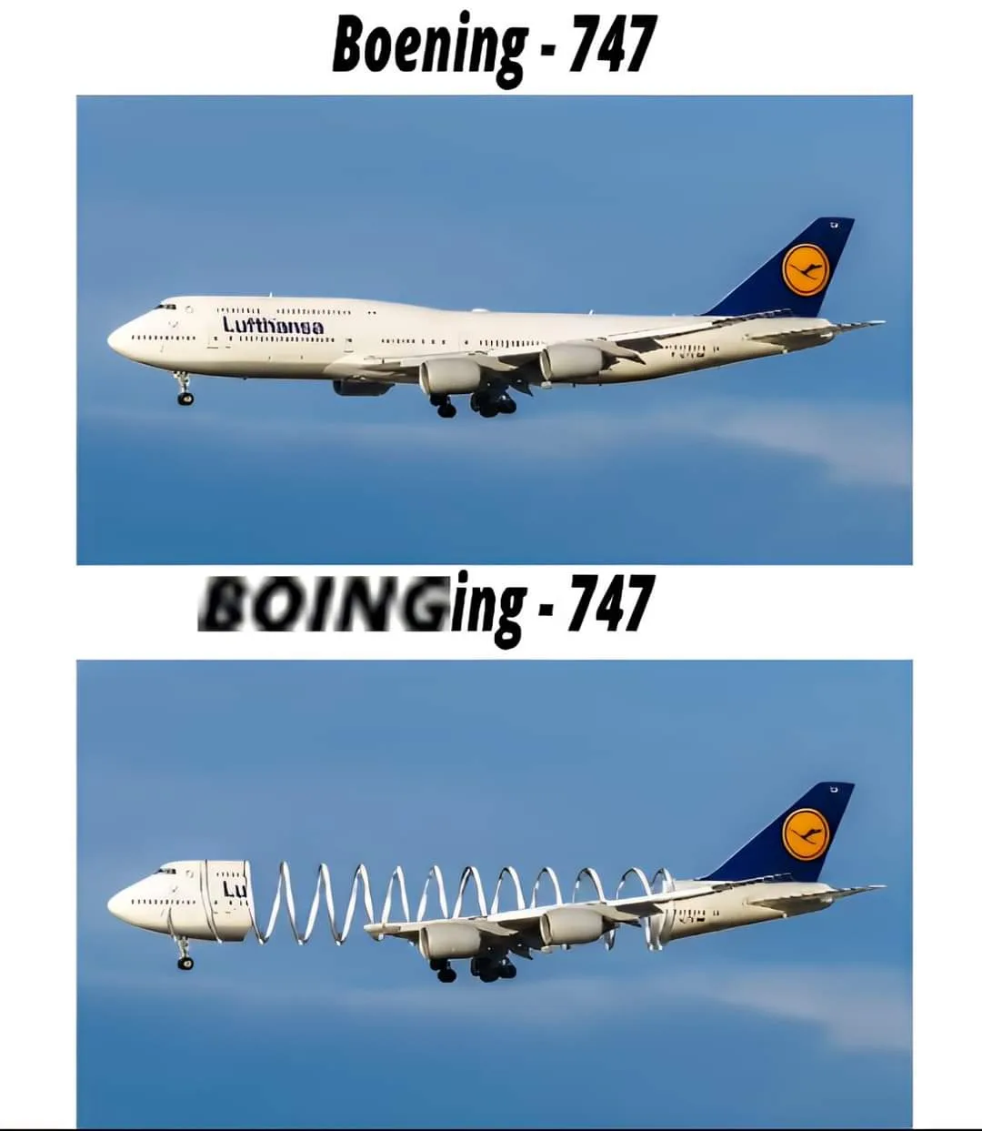 The image displays two photos of a Lufthansa Boeing 747 airplane against a blue sky. The top photo shows the plane normally…