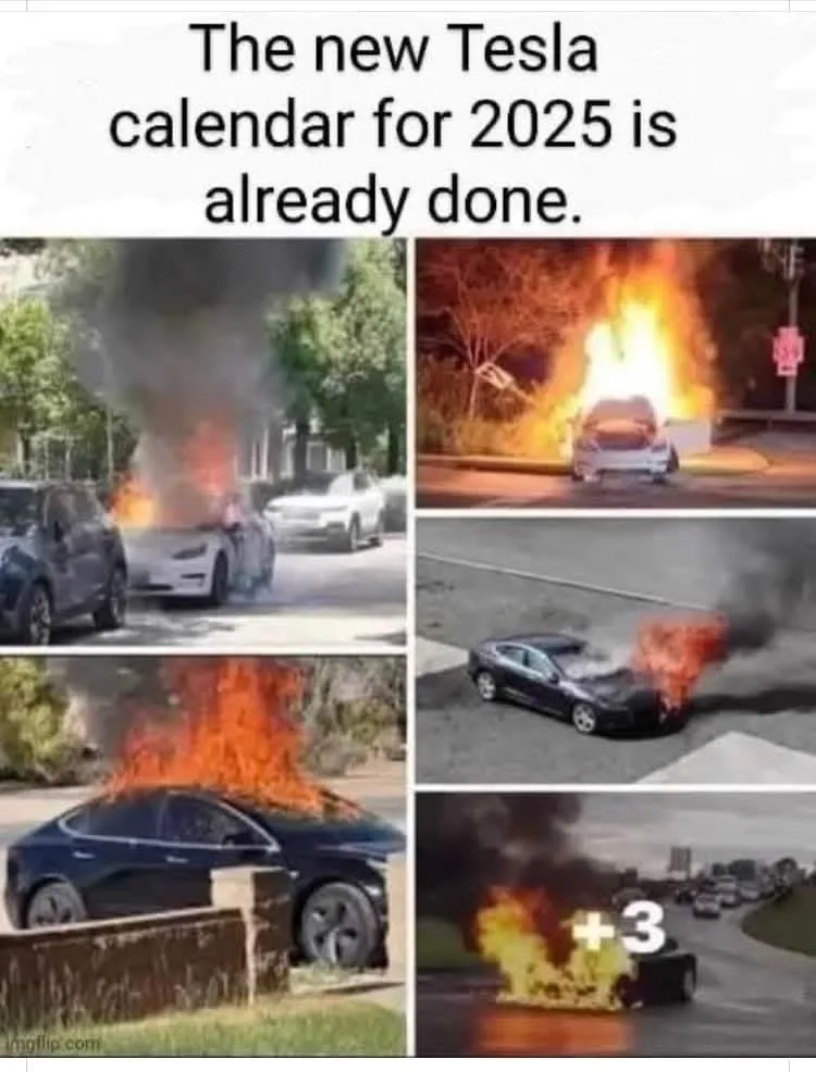 A four-panel image collage shows various Tesla vehicles engulfed in flames or smoke in different outdoor settings. The top…