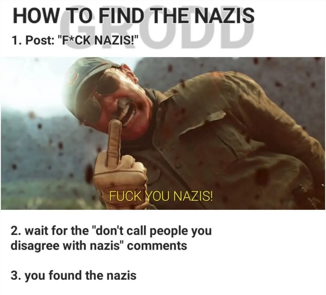 A meme image shows a man in a military uniform and sunglasses, giving the middle finger while yelling. Overlaid text reads…