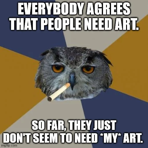 A close-up image of a gray owl with intense orange eyes, holding a lit cigarette in its beak, set against a geometric…