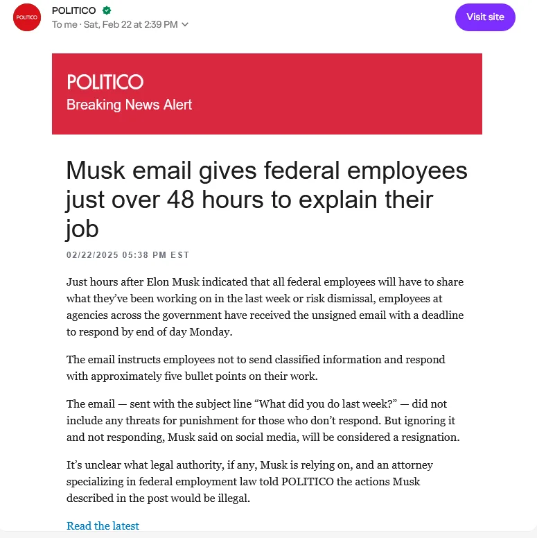 A screenshot of a POLITICO article headline reads 'Musk email gives federal employees just over 48 hours to explain their…