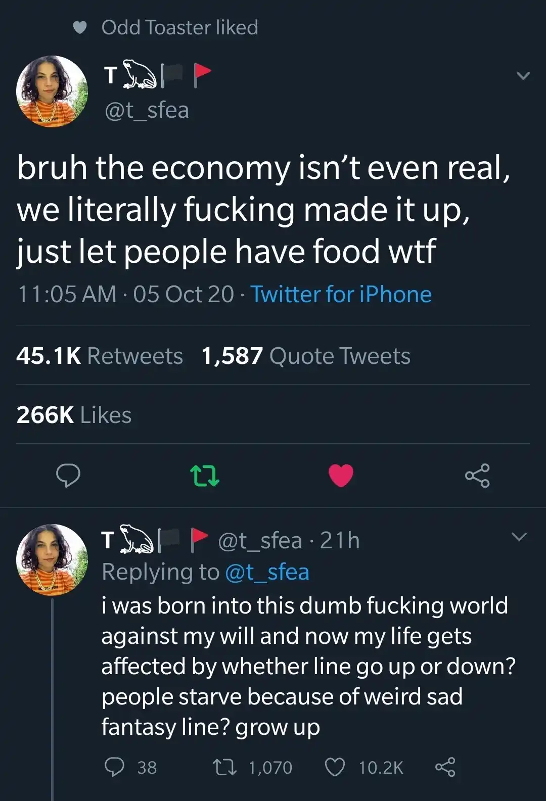 A screenshot of a Twitter thread showing a user's tweet questioning the realness of the economy and demanding people be fed…