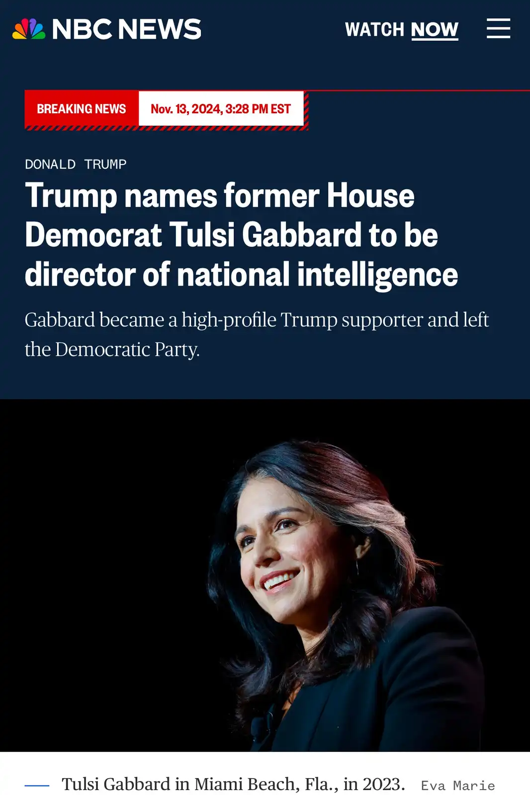An NBC News breaking news screenshot from Nov. 13, 2024, shows a headline announcing Donald Trump naming Tulsi Gabbard, a…