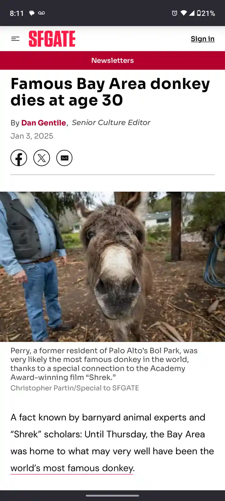 A screenshot of an SFGATE news article about a donkey named Perry who died at age 30, described as the world's most famous…