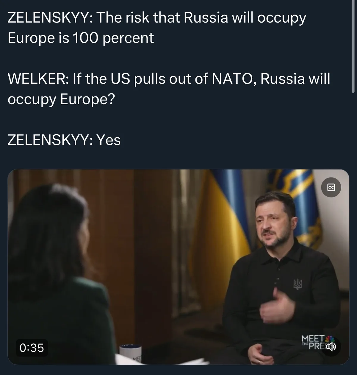 A screenshot from a 'Meet the Press' interview shows Ukrainian President Volodymyr Zelenskyy speaking to an interviewer. He…